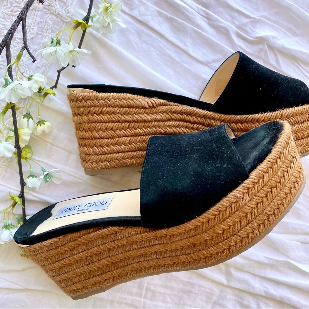 Jimmy Choo Black Suede Espadrille Wedge Sandals